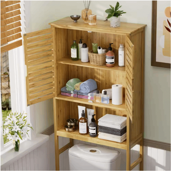 24.4 in. W x 66.9 in. H x 9.5 in. D Yellow Bamboo Over the Toilet Storage Bathroom Rectangular Cabinet with Open Shelf